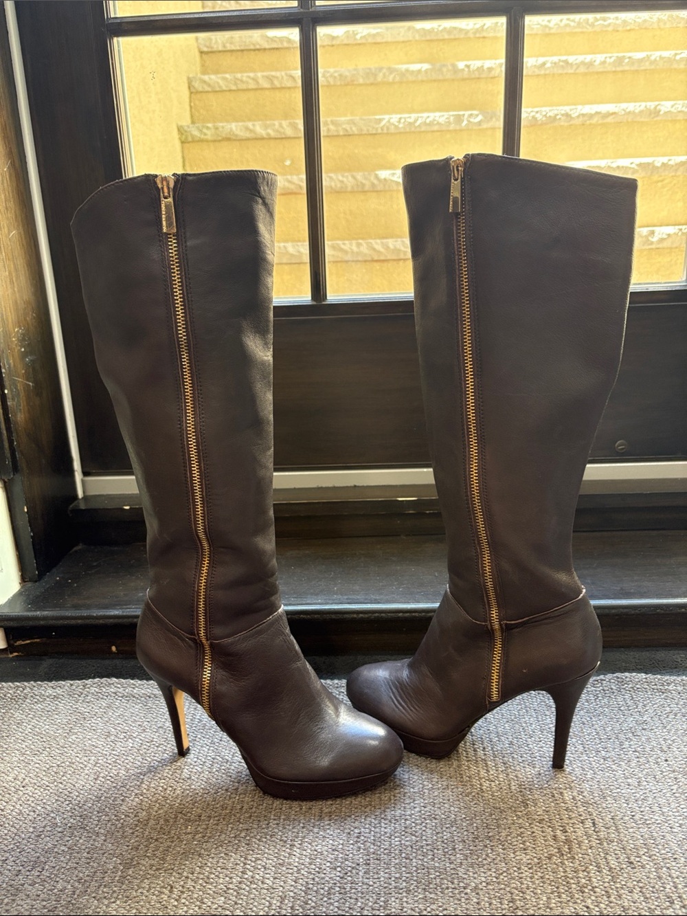 Vince Camuto Brown Leather Knee-High Zip Platform Boots